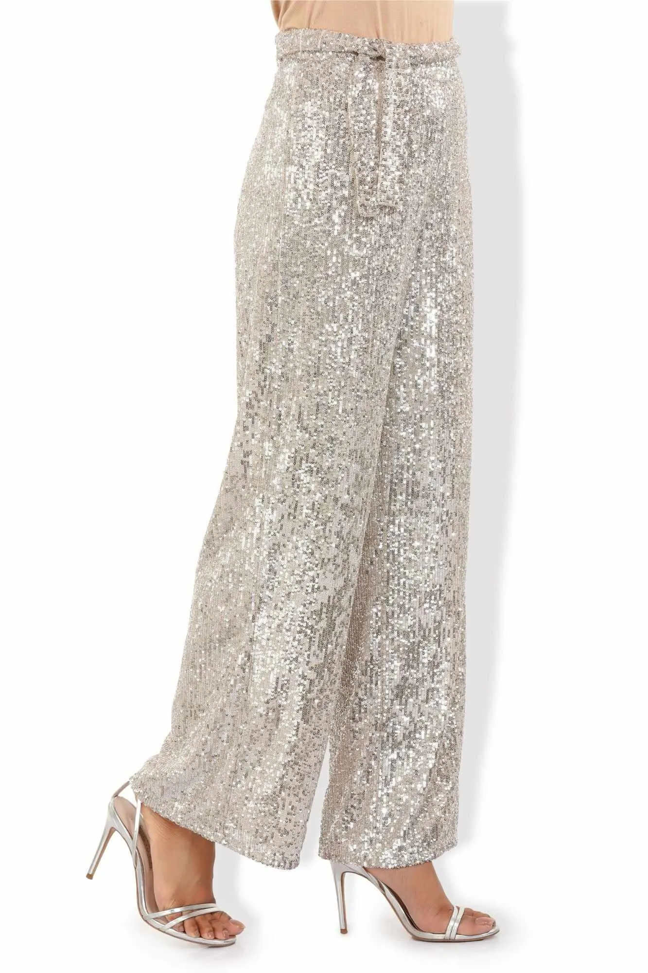Glittering Sequined Tulle High Rise Pants