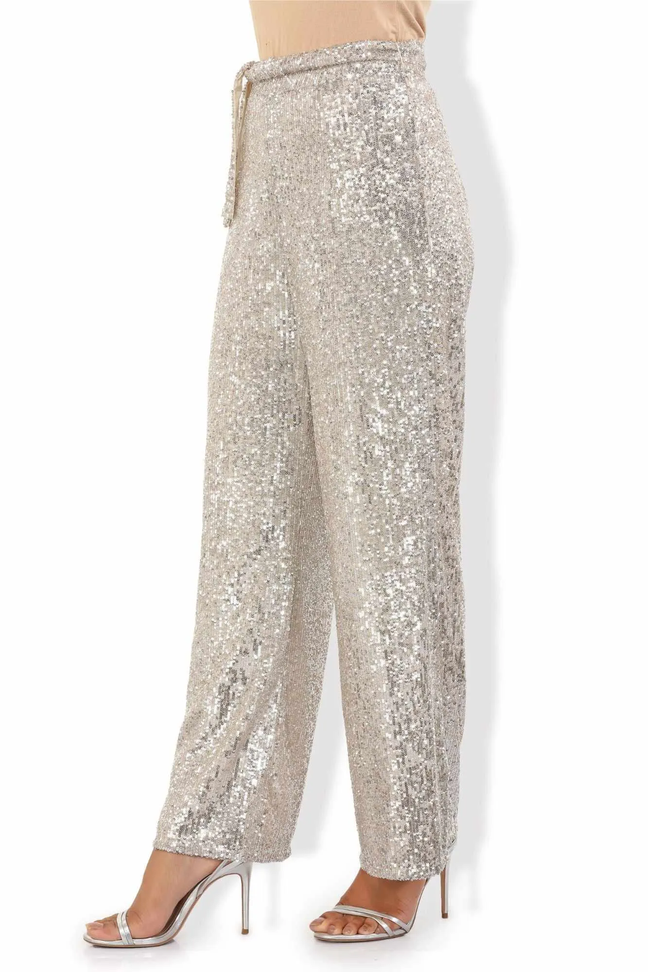 Glittering Sequined Tulle High Rise Pants
