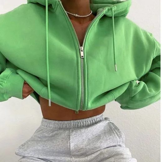 Green zipper up fashion Crop top hoodie