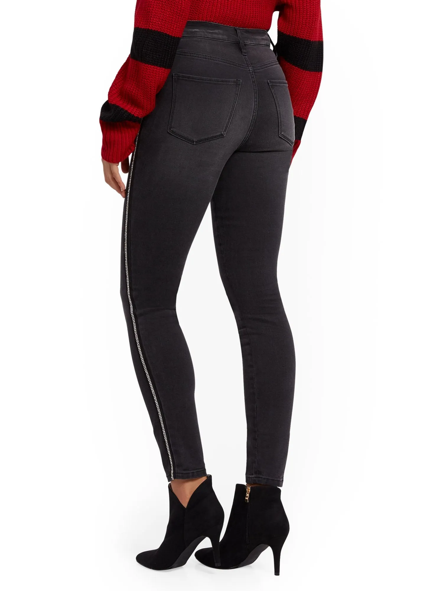 High-Waisted Curvy Super-Skinny Jeans -Jeweled Trim