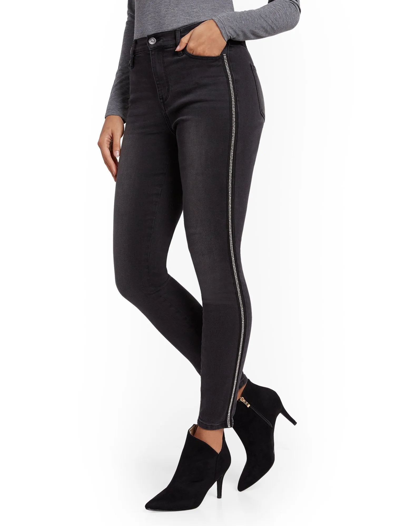 High-Waisted Curvy Super-Skinny Jeans -Jeweled Trim