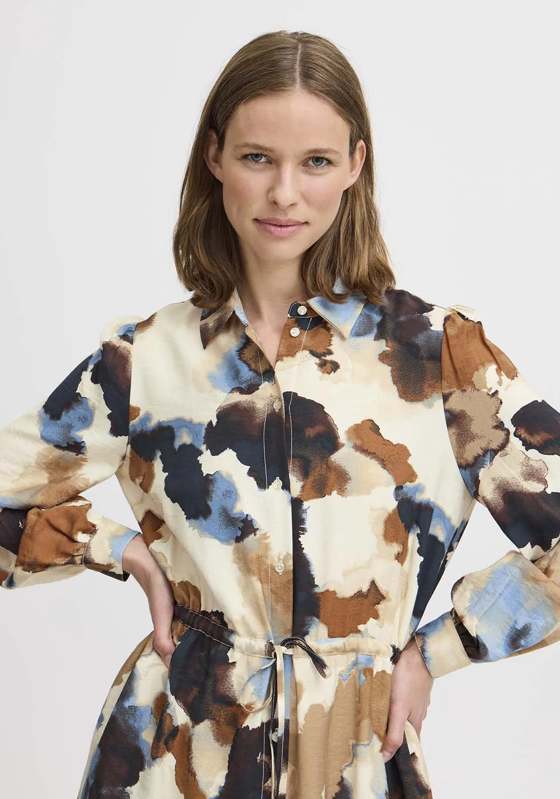 Ihamma Knee Length Long Sleeve Shirt Dress - Birch Watercolor Mix