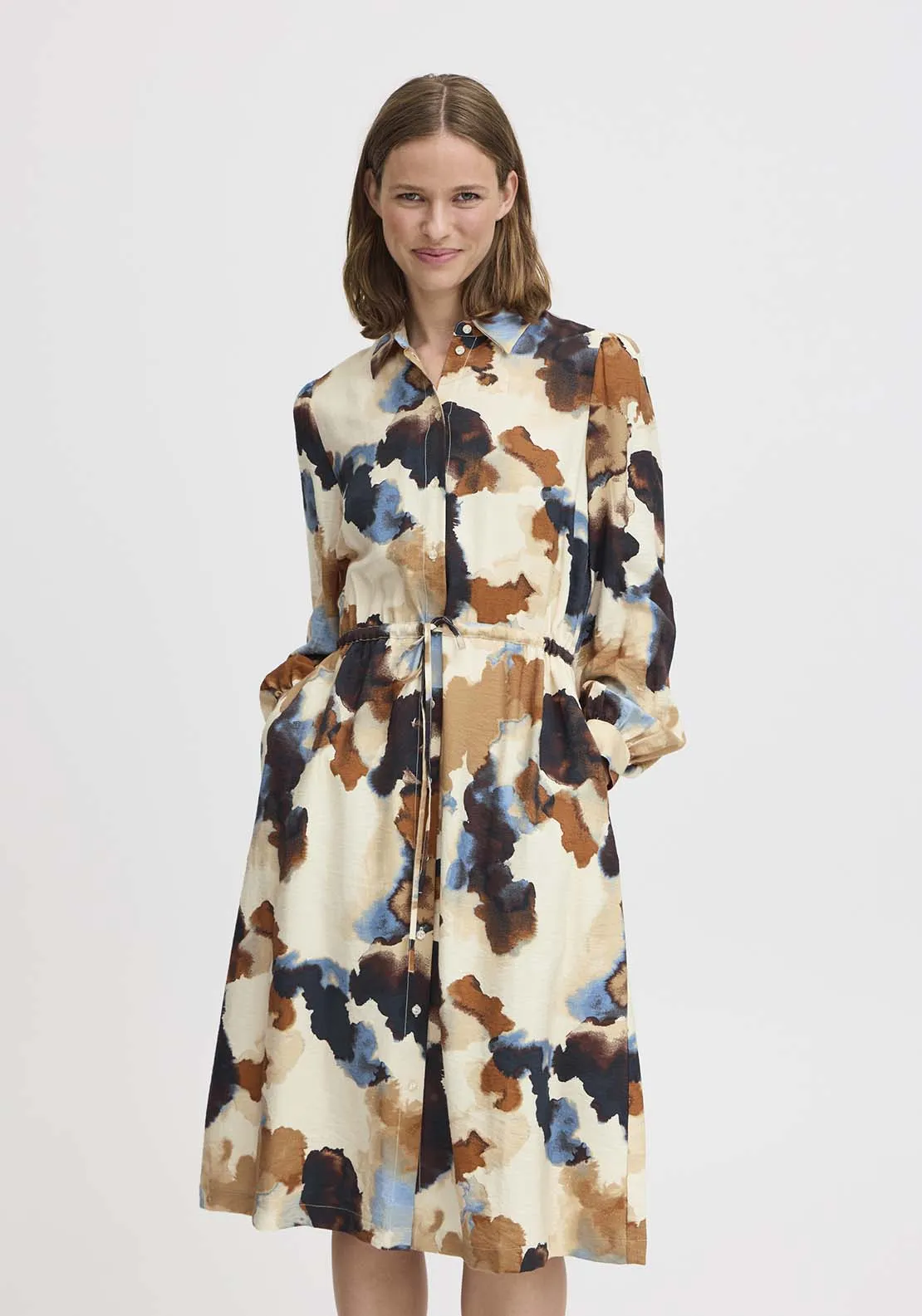 Ihamma Knee Length Long Sleeve Shirt Dress - Birch Watercolor Mix