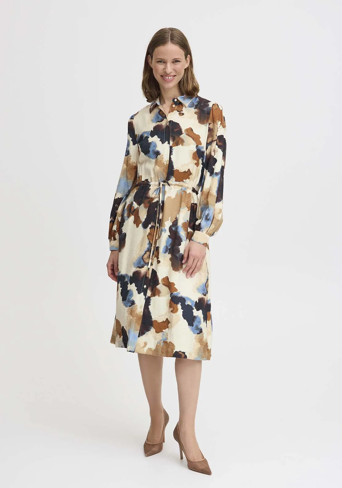 Ihamma Knee Length Long Sleeve Shirt Dress - Birch Watercolor Mix