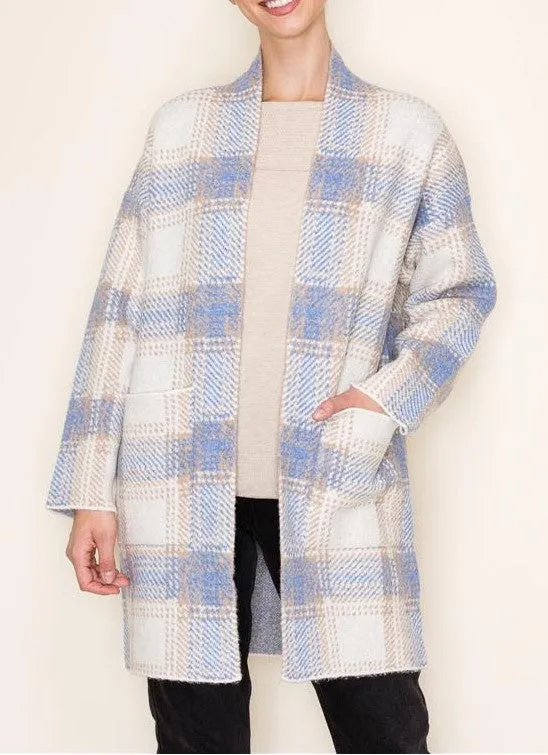 Iris Check Jacquard Sweater Cardigan- Oatmeal/Blue