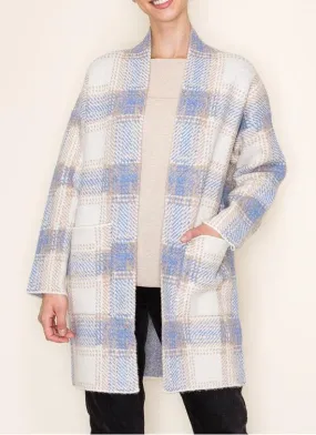 Iris Check Jacquard Sweater Cardigan- Oatmeal/Blue