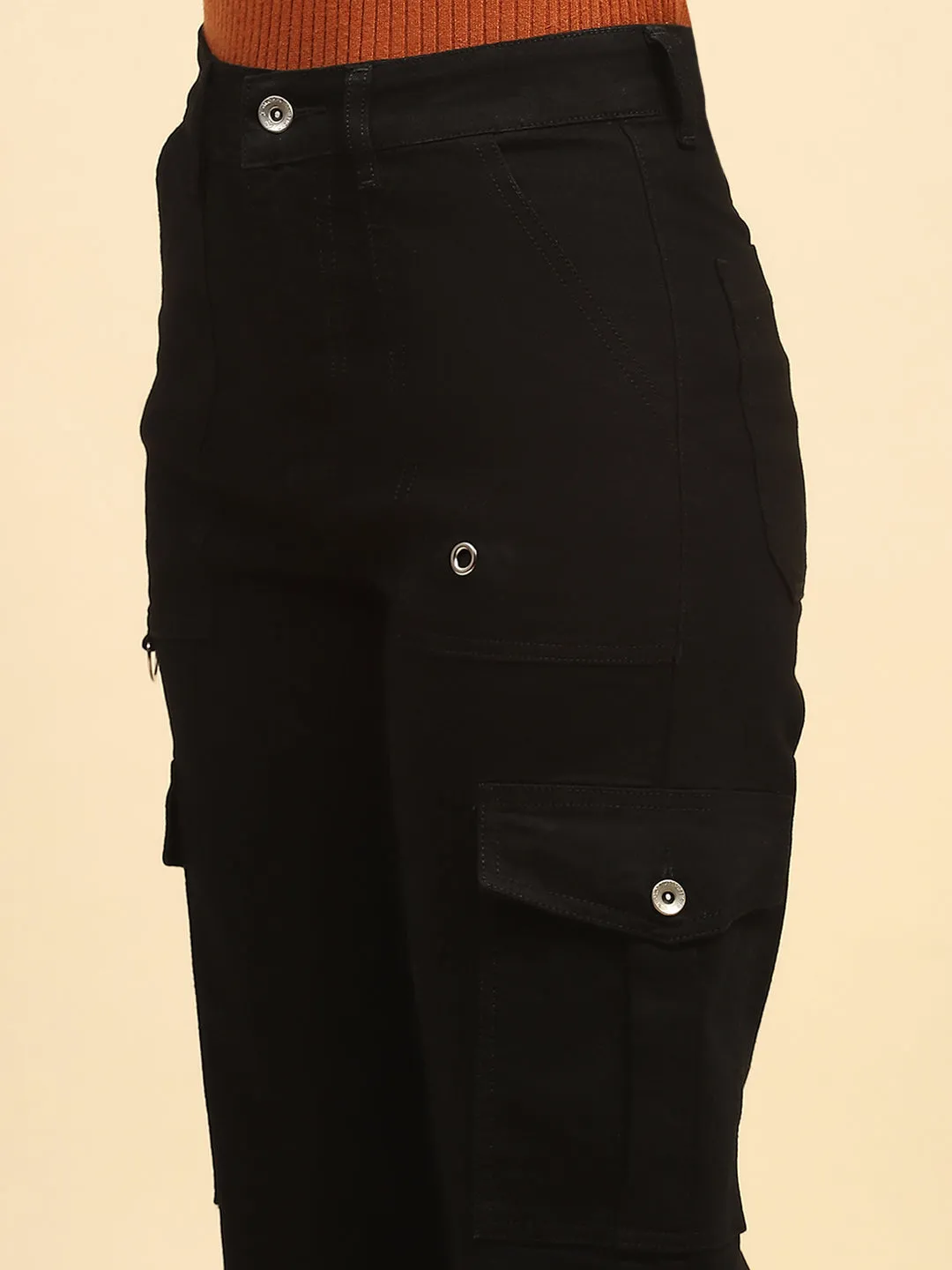 Jet Black Solid Cotton Blend Straight Fit Cargo