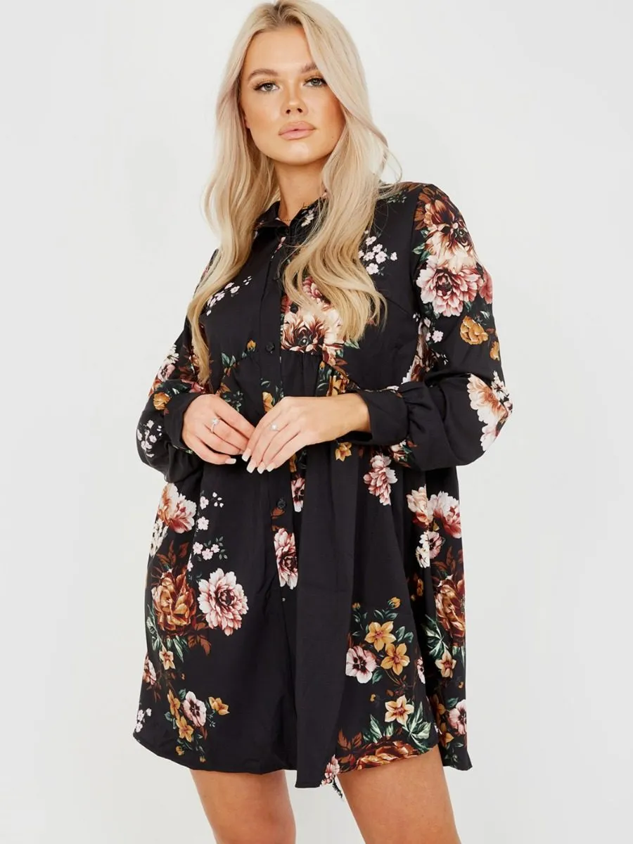 Leanne Oversized Floral Print Shirt Dress In Black