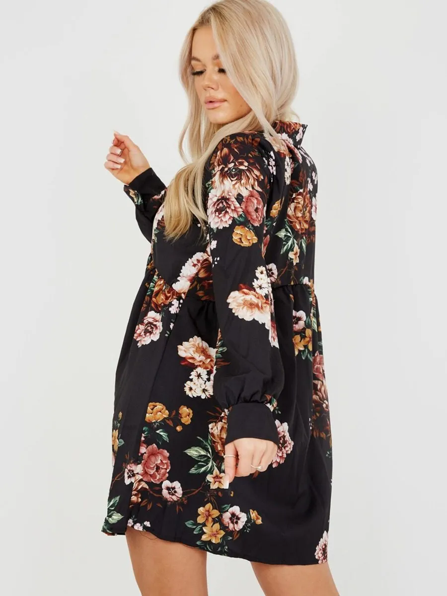 Leanne Oversized Floral Print Shirt Dress In Black