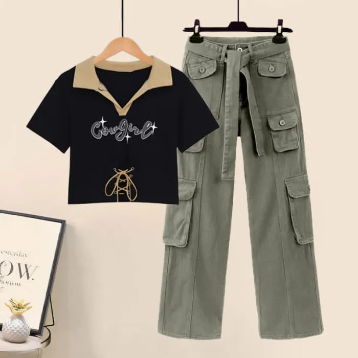 Letter Print Crop Top T-Shirt Cargo Pants Set