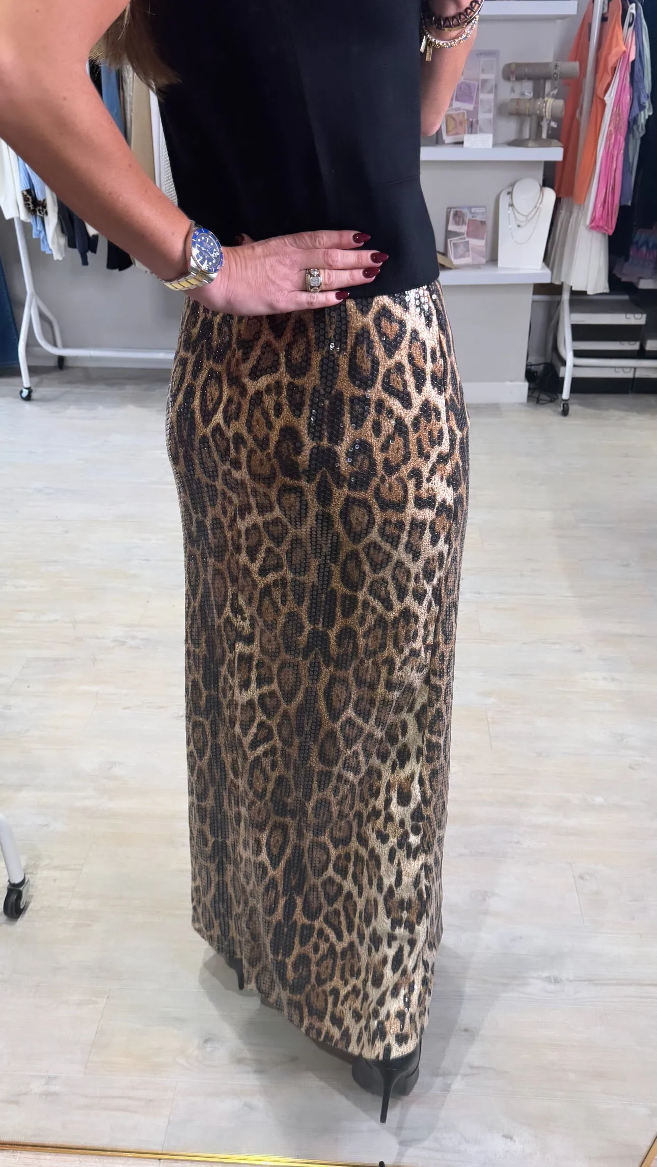 Lissy leopard sequin maxi skirt