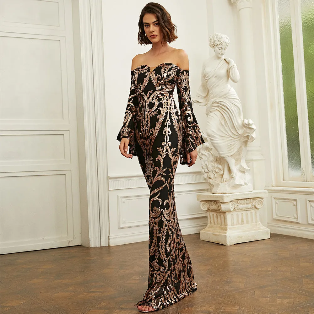 Long Sleeves Graphic Sequined Evening Dress