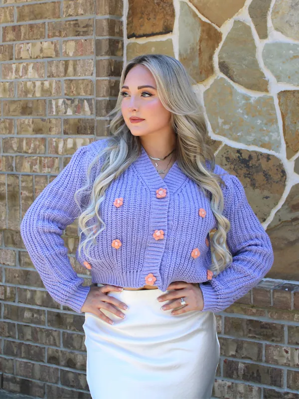 Lover Sweater Button Front Crop with 3D Flowers, Lilac