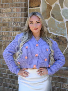 Lover Sweater Button Front Crop with 3D Flowers, Lilac