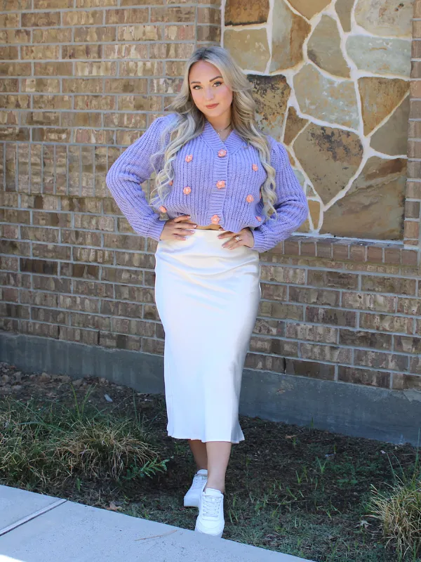 Lover Sweater Button Front Crop with 3D Flowers, Lilac