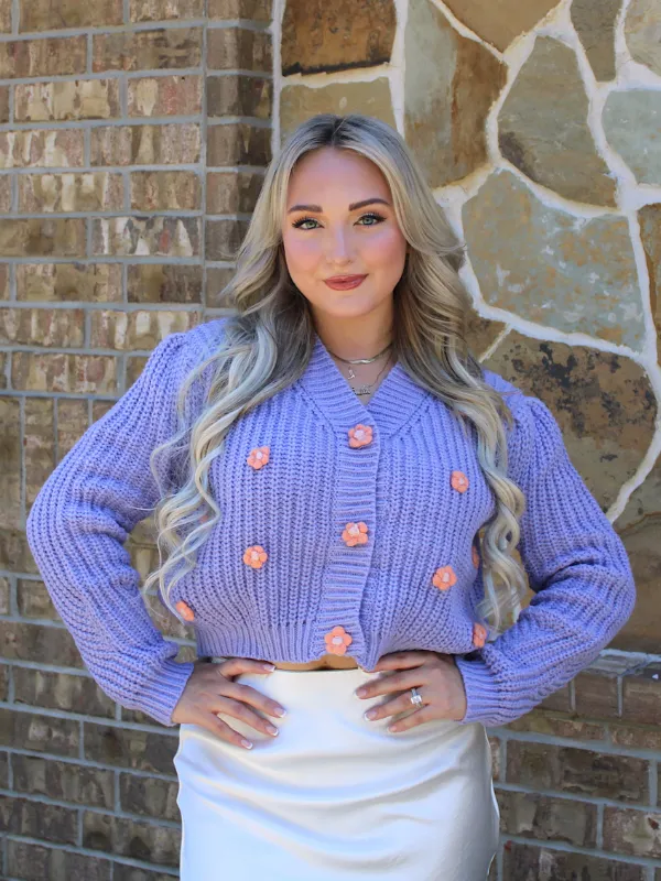 Lover Sweater Button Front Crop with 3D Flowers, Lilac