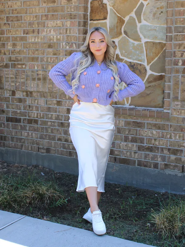 Lover Sweater Button Front Crop with 3D Flowers, Lilac
