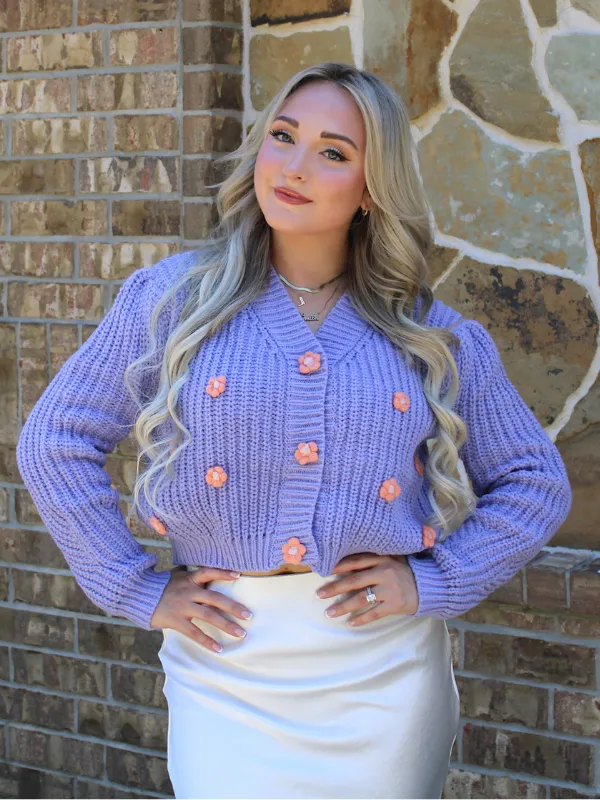 Lover Sweater Button Front Crop with 3D Flowers, Lilac