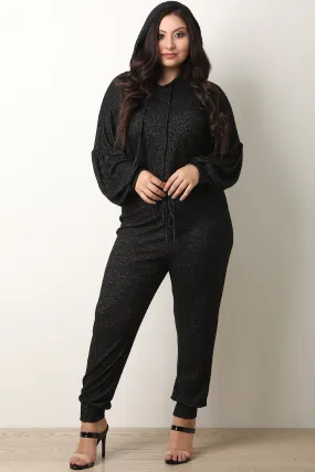 Marled Knit Hoodie Crop Sweater with Jogger Pants Set