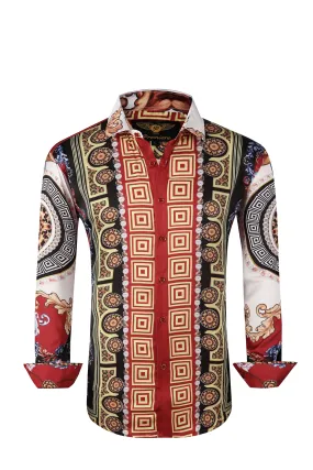 Mens PREMIERE Long Sleeve Button Down Dress Shirt Burgundy Red White Gold Pearls