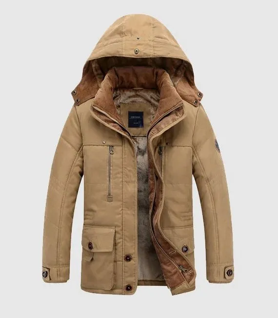 Men's Winter Hooded Warm Mid-Long Parka With Velvet Lining