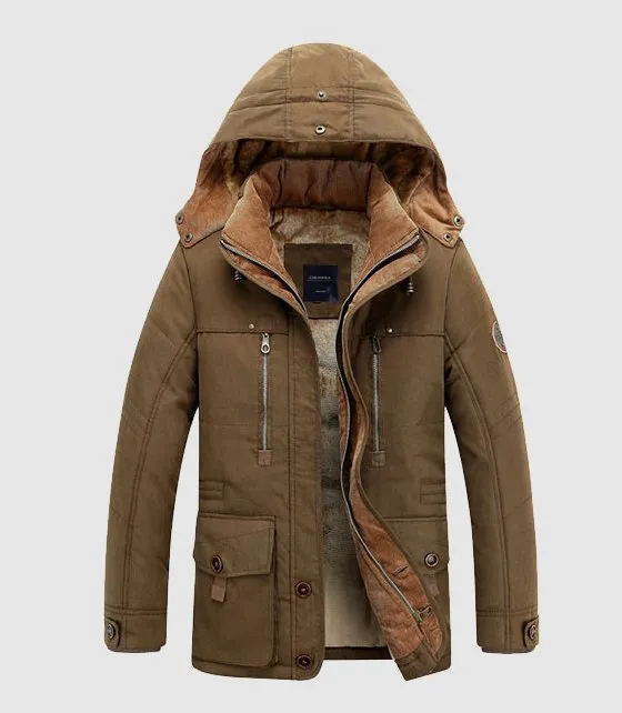 Men's Winter Hooded Warm Mid-Long Parka With Velvet Lining