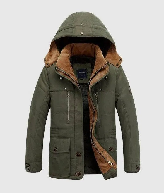 Men's Winter Hooded Warm Mid-Long Parka With Velvet Lining