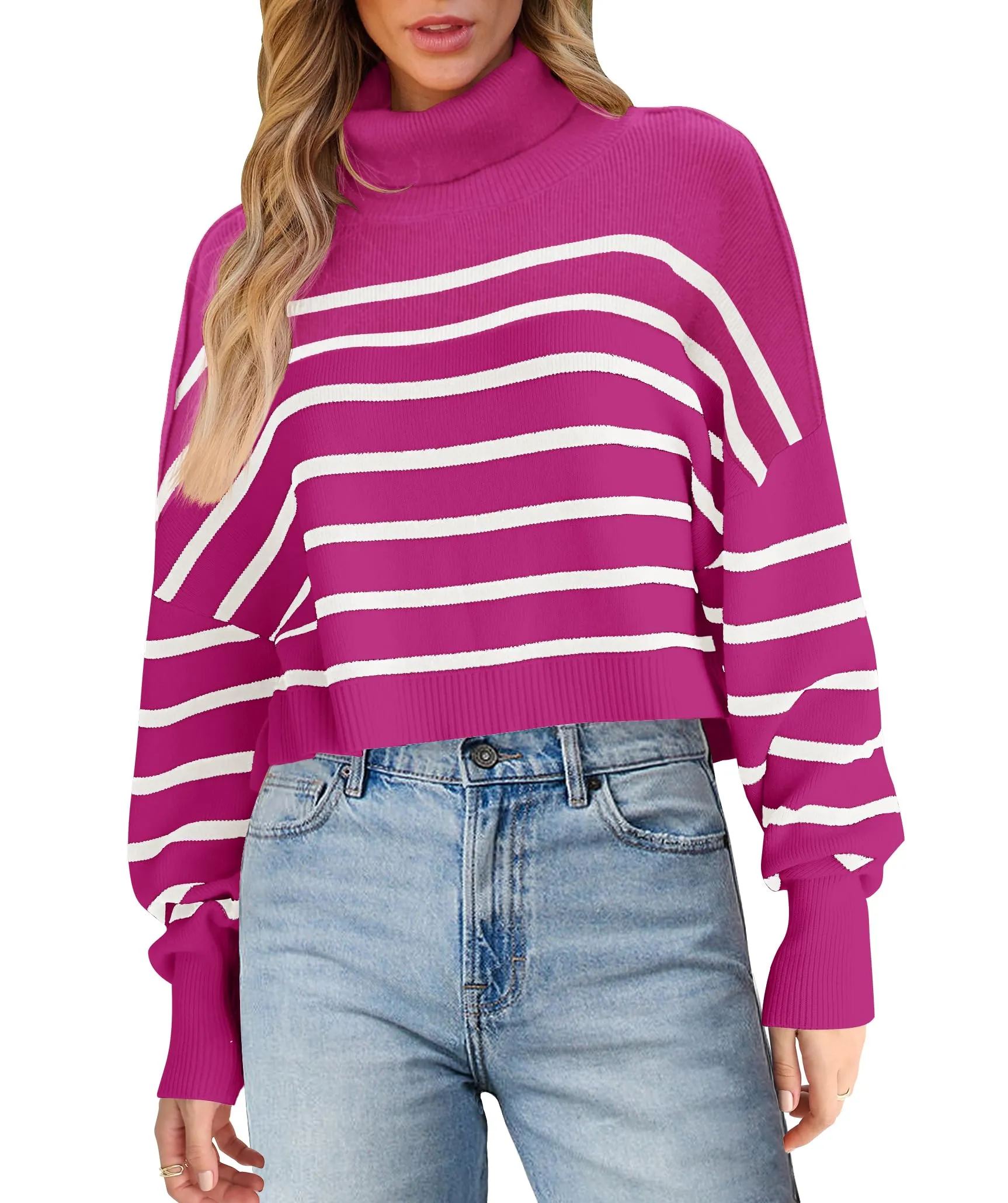 MEROKEETY Turtleneck Striped Oversized Ribbed Knit Cropped Sweater