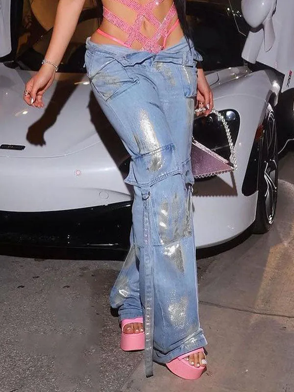 Metallic Flap Pocket Cargo Jeans