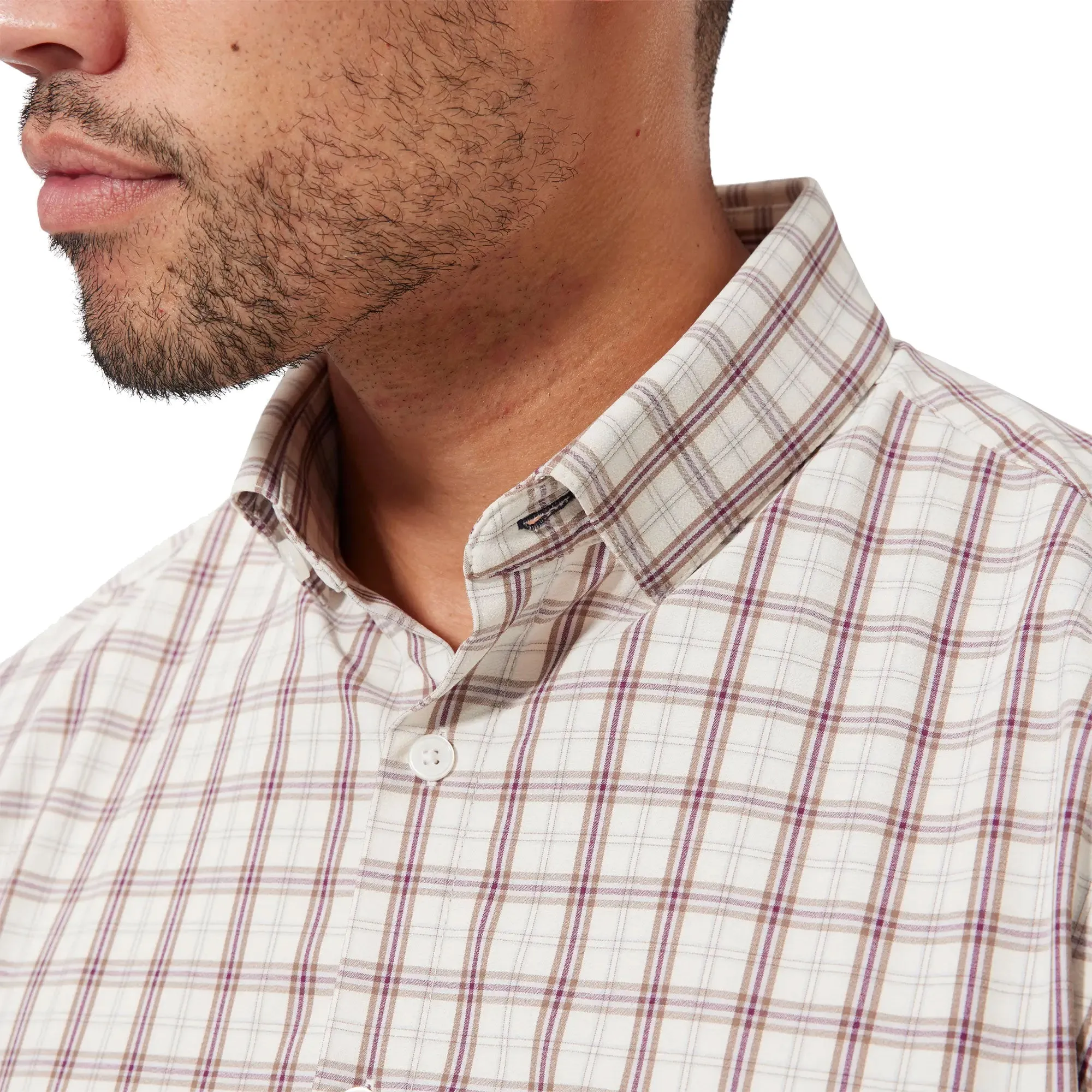 Mizzen   Main Leeward Trim Fit Cream Caribou Plaid Long Sleeve Mens Dress Shirt