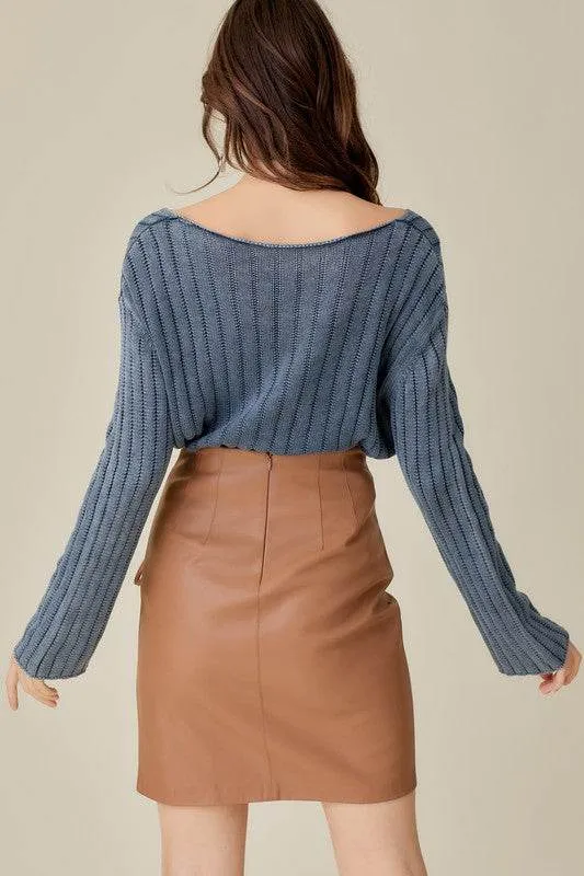 Mustard Seed Knitted V-Neck Washed Crop Sweater