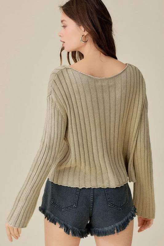 Mustard Seed Knitted V-Neck Washed Crop Sweater