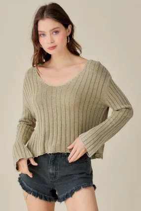 Mustard Seed Knitted V-Neck Washed Crop Sweater