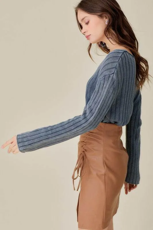 Mustard Seed Knitted V-Neck Washed Crop Sweater