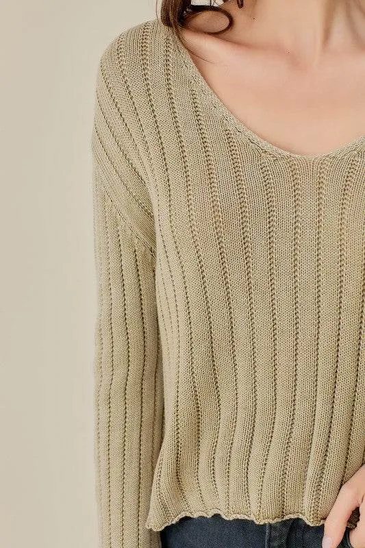 Mustard Seed Knitted V-Neck Washed Crop Sweater
