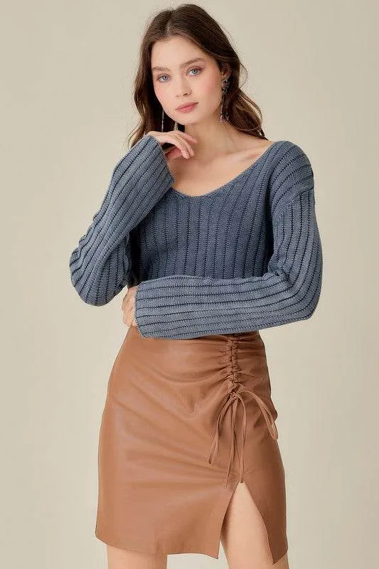 Mustard Seed Knitted V-Neck Washed Crop Sweater
