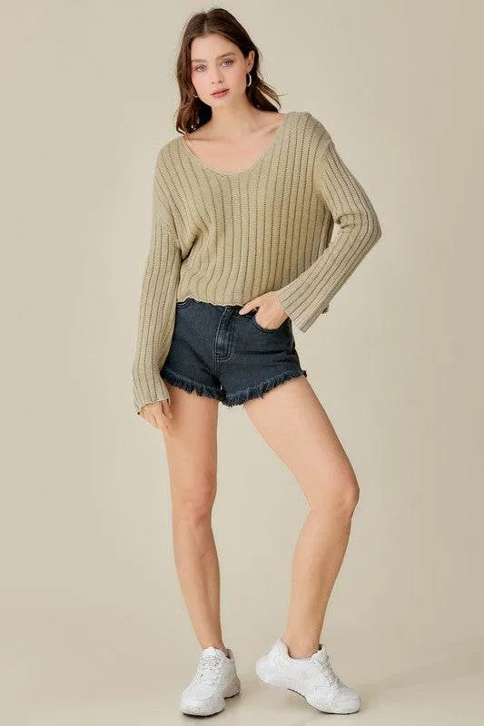 Mustard Seed Knitted V-Neck Washed Crop Sweater