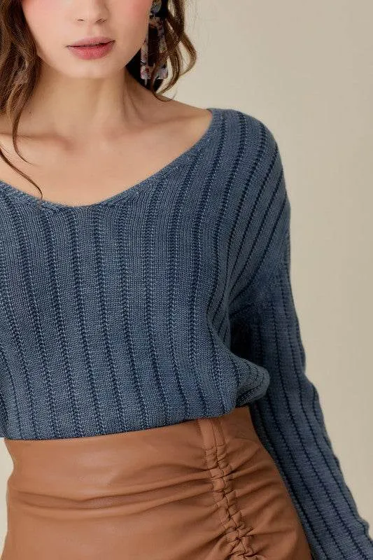 Mustard Seed Knitted V-Neck Washed Crop Sweater
