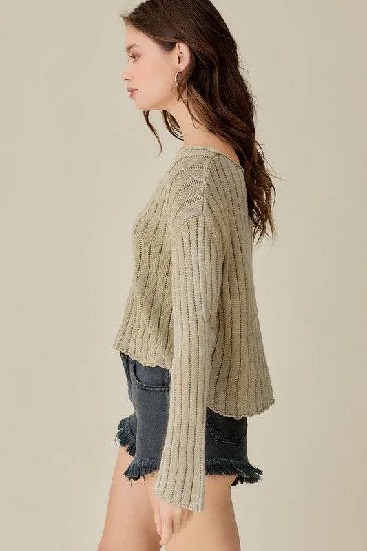 Mustard Seed Knitted V-Neck Washed Crop Sweater