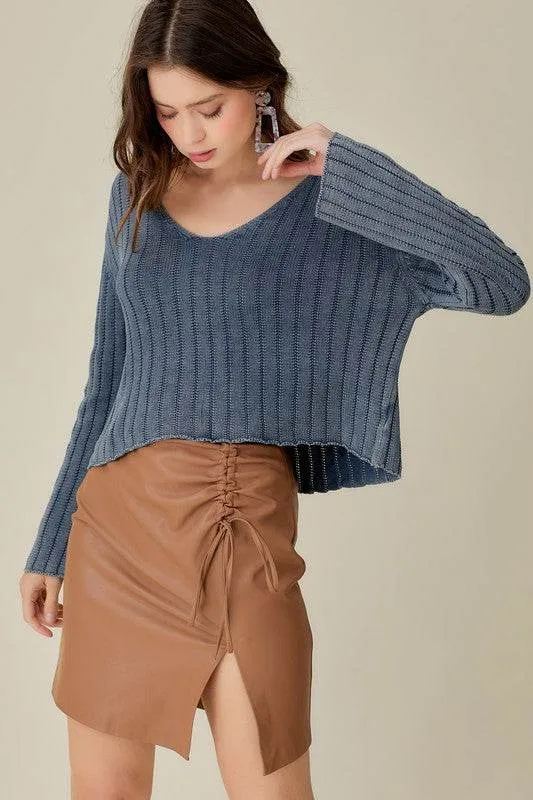 Mustard Seed Knitted V-Neck Washed Crop Sweater