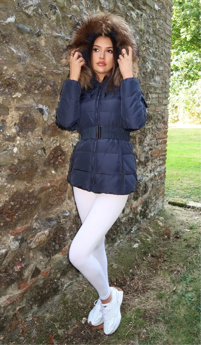 Navy Luxury Fur Padded Belted Coat