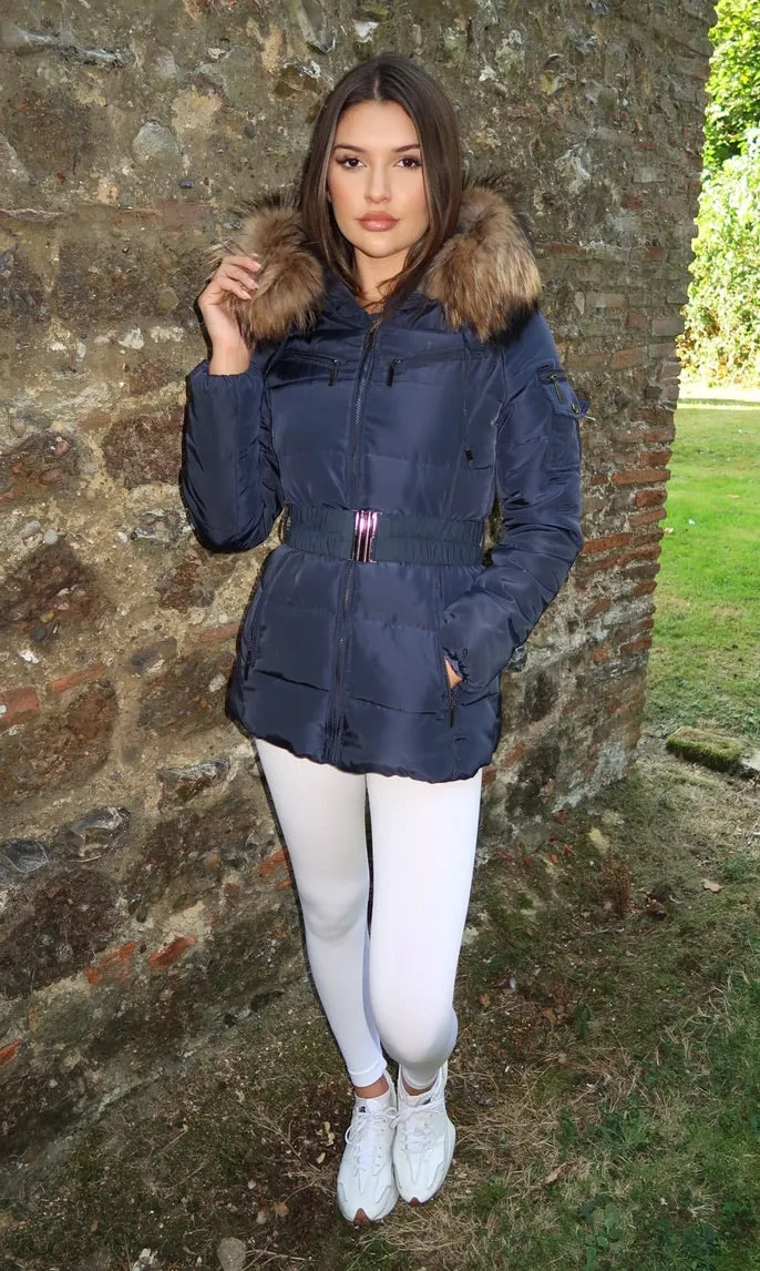 Navy Luxury Fur Padded Belted Coat