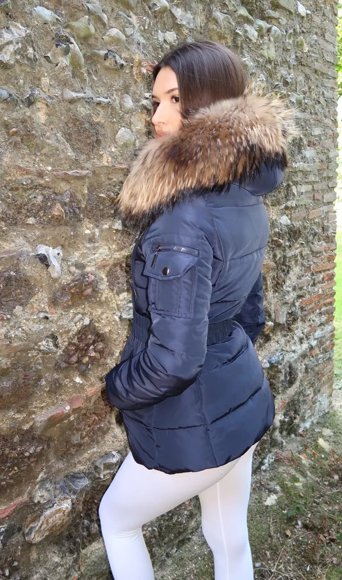 Navy Luxury Fur Padded Belted Coat
