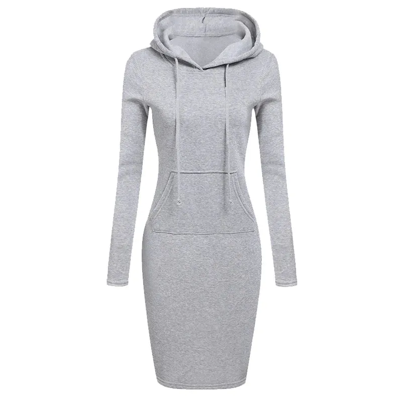Newest Women's Solid Color Hooded Long Sleeve Dress - S-3XL