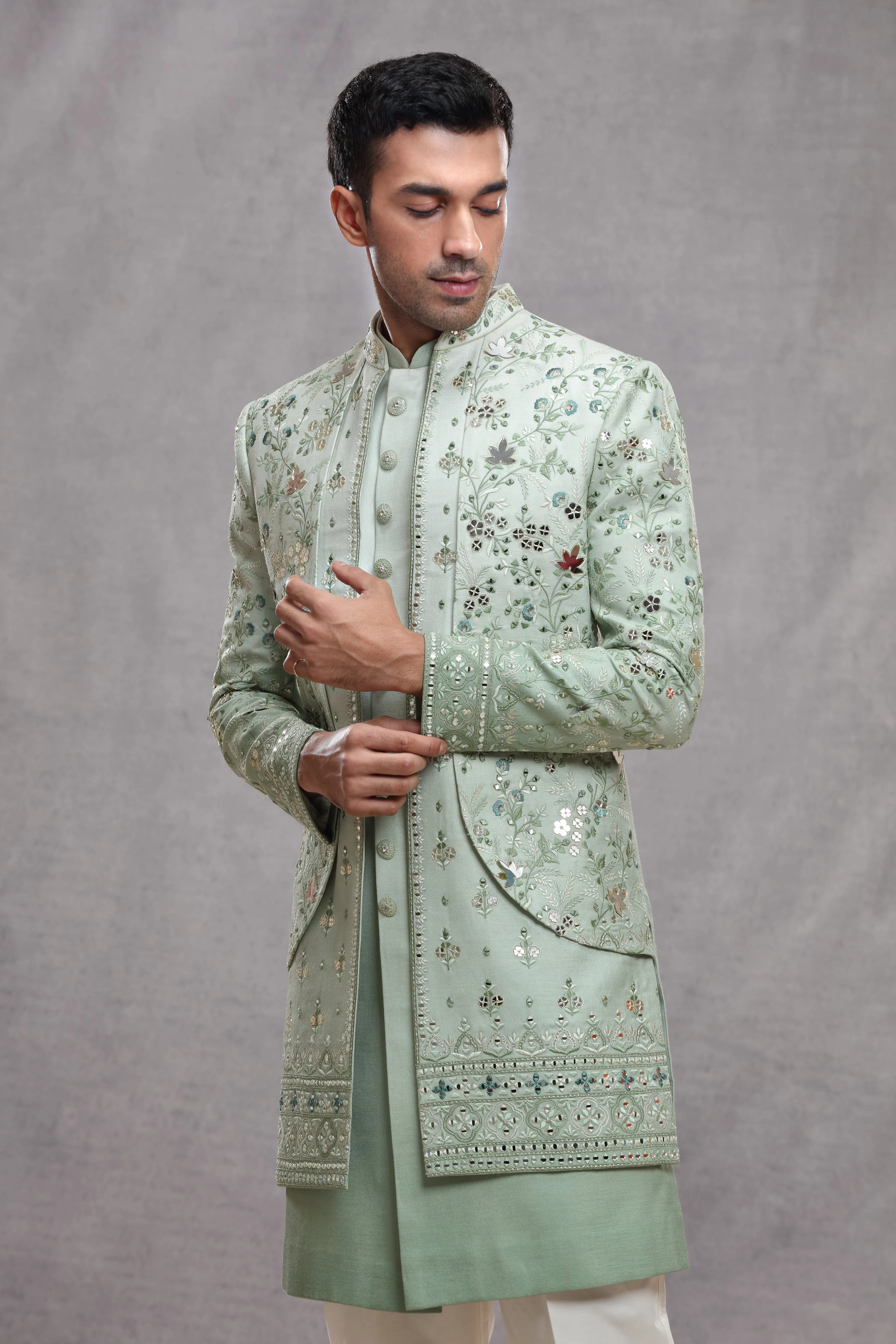 Ombre Raw Silk Indo Western with Thread Work & Mirror