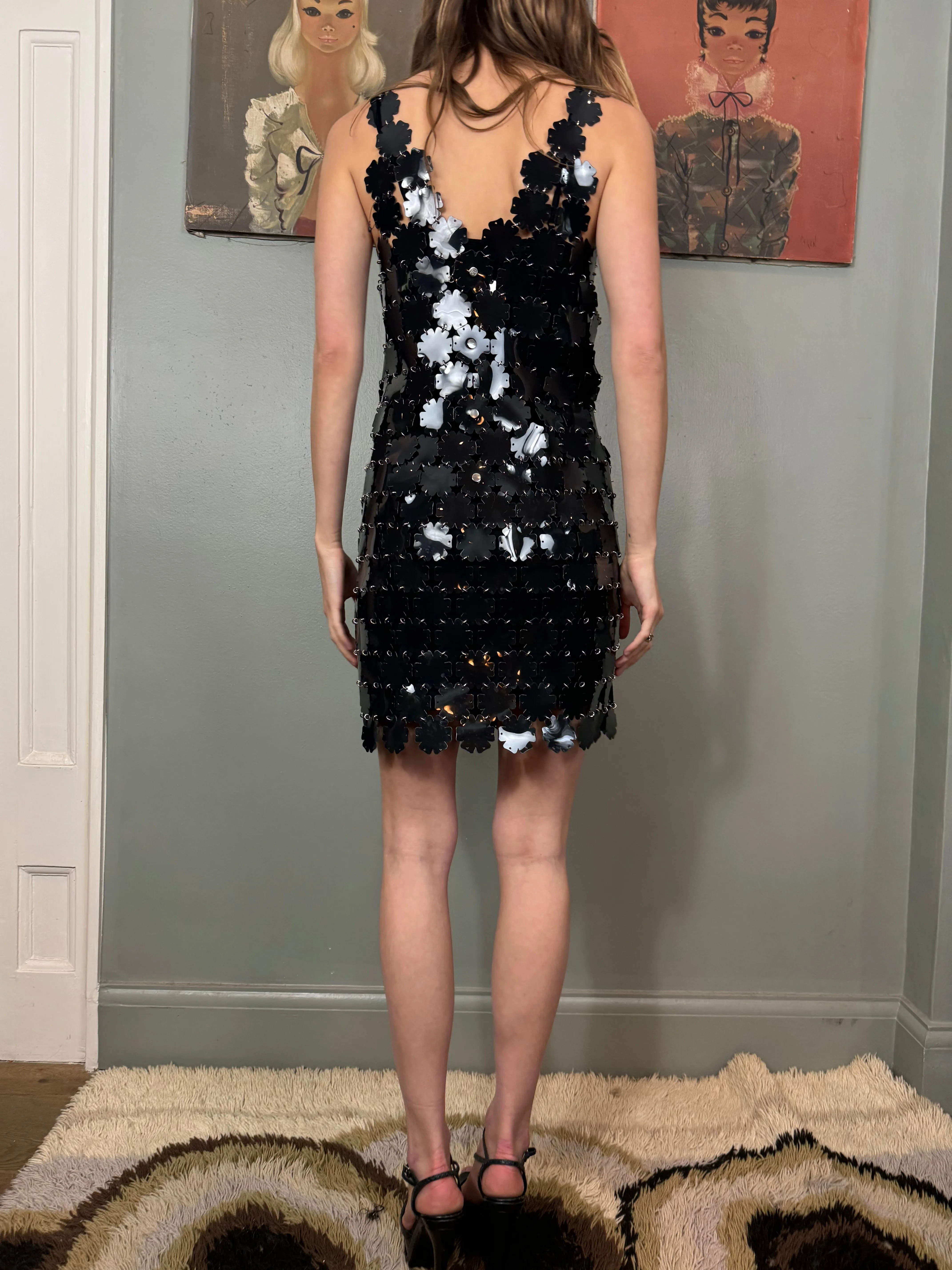 Pacco Rabanne, PVC black link floral dress