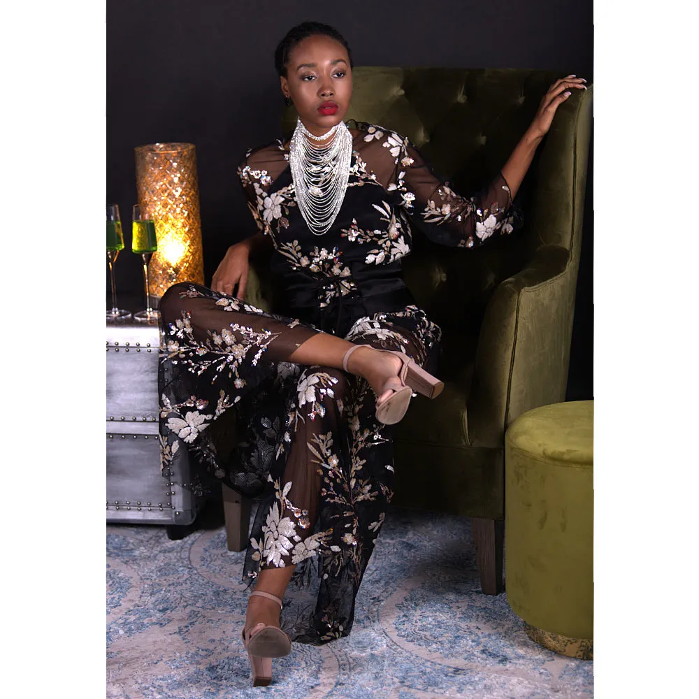 Palazzo pants, high waist embroidered sequins on dark mesh