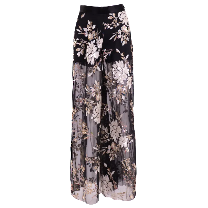 Palazzo pants, high waist embroidered sequins on dark mesh