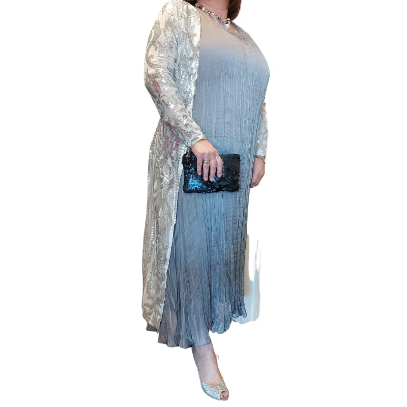 Peter Homan Designer grey crinkle dress size L, fits 18/20/22-HIRE ONLY