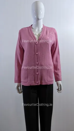 Pink V-Neck Button Pocket Cardigan